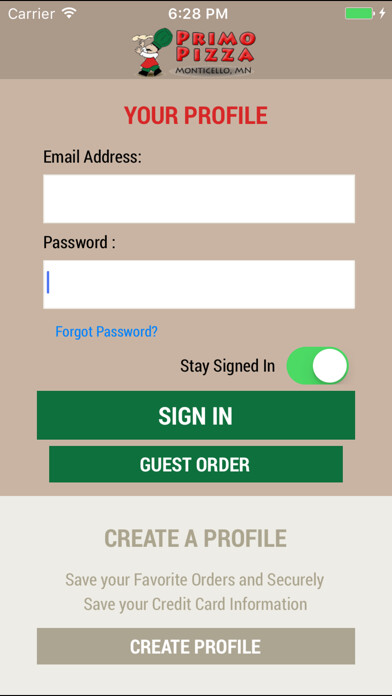 Emulate iPhone app Primo Pizza MN using MyAndroid