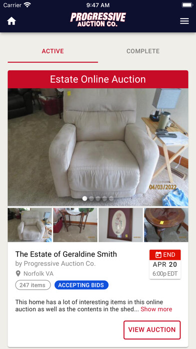 Emulate iPhone app Progressive Auctions using MyAndroid