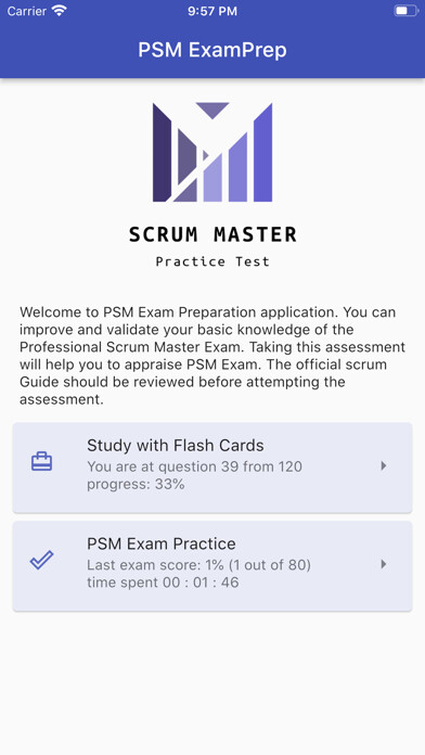 Emulate iPhone app PSM 1 Exam Preparation using MyAndroid