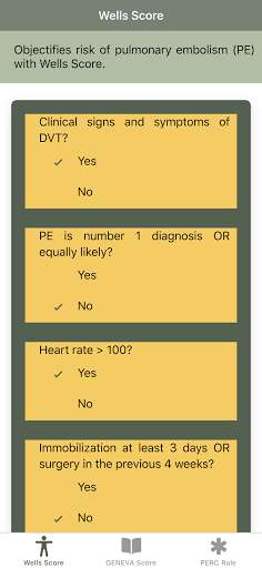 Run android online APK Pulmonary Embolism Score: Wells, GENEVA, PERC rule from MyAndroid or emulate Pulmonary Embolism Score: Wells, GENEVA, PERC rule using MyAndroid