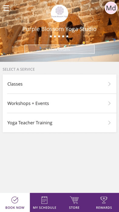 Emulate iPhone app Purple Blossom Yoga Studio using MyAndroid