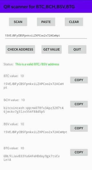 Emulate QR-code scanner for Bitcoin BTC, BCH, BSV and BTG from MyAndroid or run QR-code scanner for Bitcoin BTC, BCH, BSV and BTG using MyAndroid