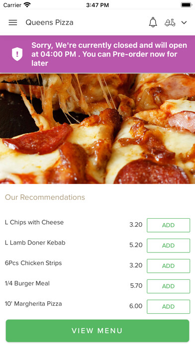 Emulate iPhone app Queens Pizza. using MyAndroid