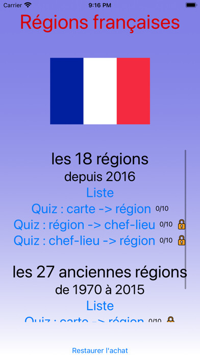 Emulate iPhone app Quiz régions de France using MyAndroid Emulate iPhone app Quiz régions de France using MyAndroid