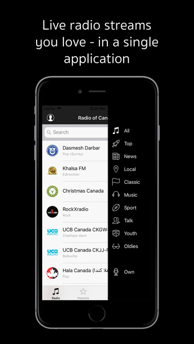 Emulate iPhone app Radio of Canada. Live stations using MyAndroid