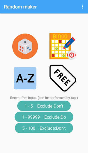 Run android online APK Random Maker.　Dice, Bingo, Numbers, Alphabets from MyAndroid or emulate Random Maker.　Dice, Bingo, Numbers, Alphabets using MyAndroid