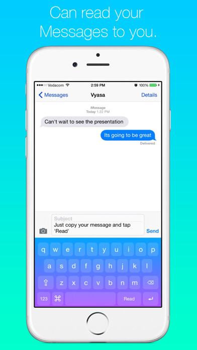 Emulate iPhone app Read To Me Keyboard Free - Create cool color themes, use text to speech tts with voice speak rate and gif emoji using MyAndroid