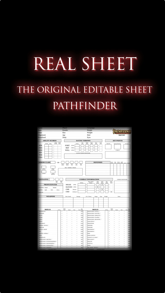 Emulate iPhone app Real Sheet: Pathfinder + Dice Table using MyAndroid