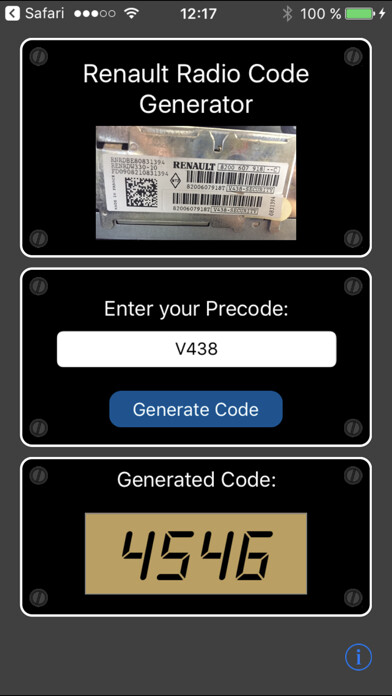 Emulate iPhone app Renault Radio Code Generator using MyAndroid Emulate iPhone app Renault Radio Code Generator using MyAndroid