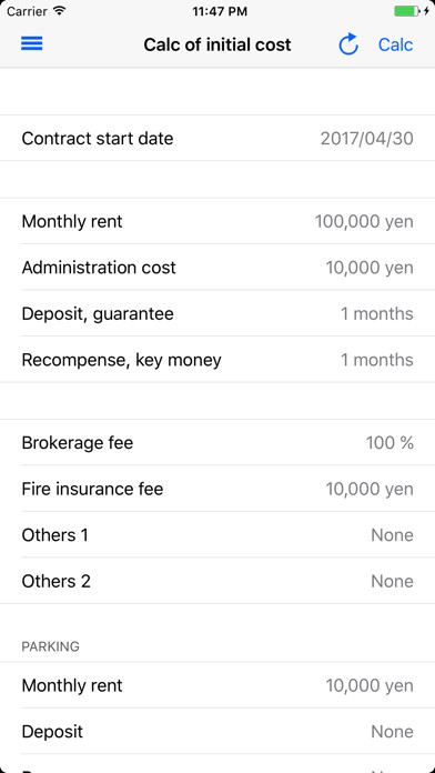 Emulate iPhone app Rental initial cost calculator using MyAndroid