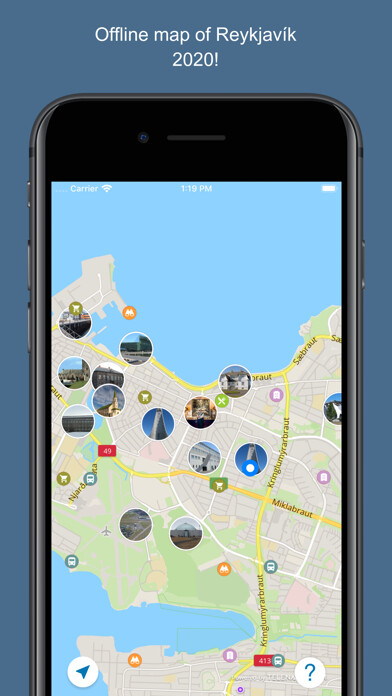 Emulate iPhone app Reykjavik 2020 — offline map using MyAndroid