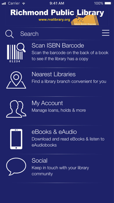 Emulate iPhone app Richmond Public Library App using MyAndroid