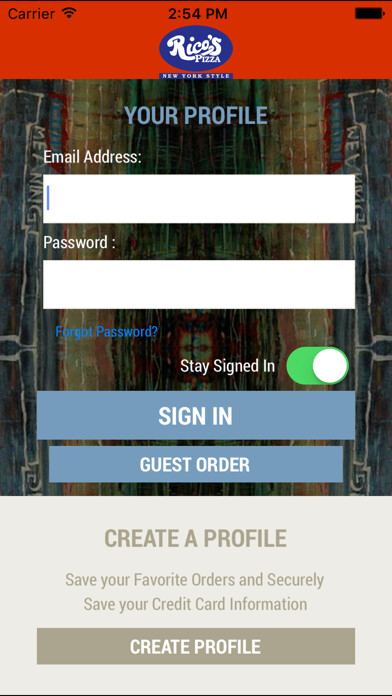 Emulate iPhone app Ricos Pizza NYS using MyAndroid