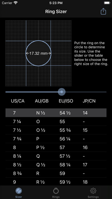Emulate iPhone app Ring Sizer by Jason Withers © using MyAndroid