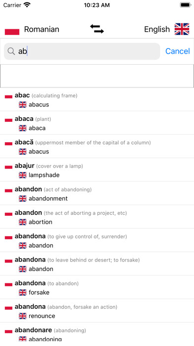 Emulate iPhone app Romanian-English Dictionary using MyAndroid