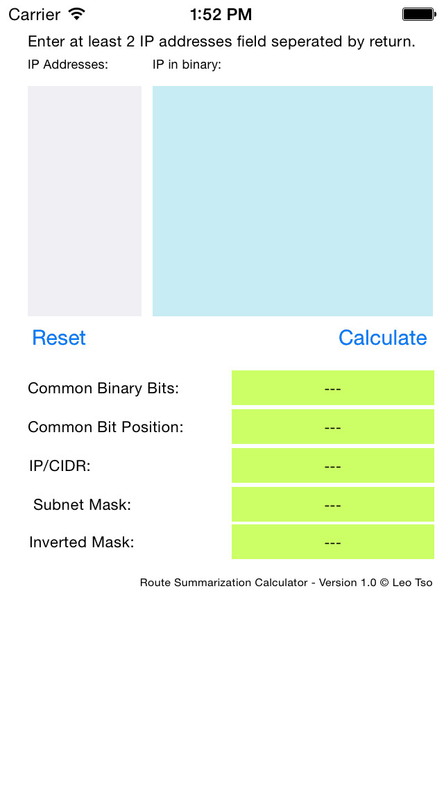 Emulate iPhone app Route Summarization Calculator using MyAndroid