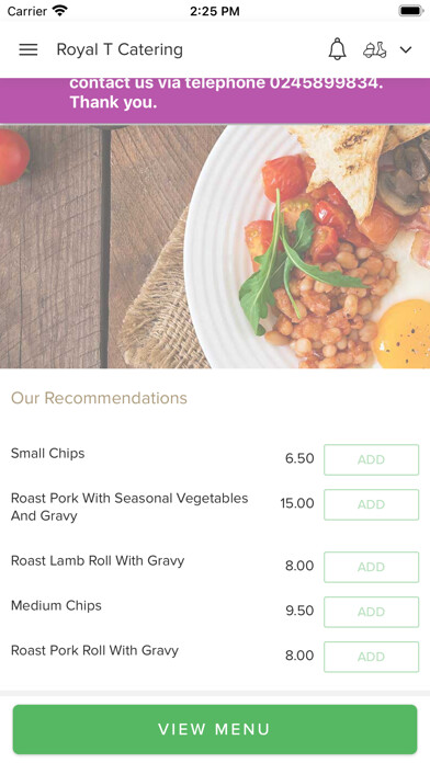 Emulate iPhone app Royal T Catering using MyAndroid