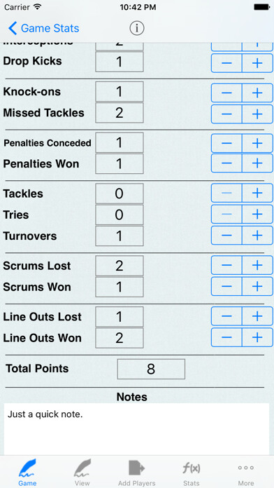Emulate iPhone app Rugby Player Stats Tracking using MyAndroid