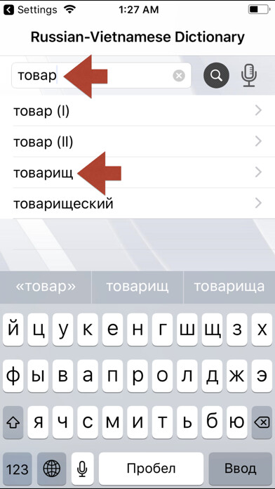 Emulate iPhone app Russian-Vietnamese Dictionary using MyAndroid