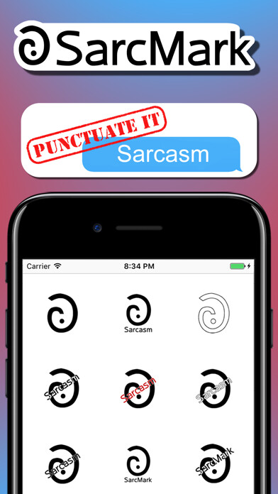 Emulate iPhone app SarcMark - Sarcasm Punctuation Stickers using MyAndroid