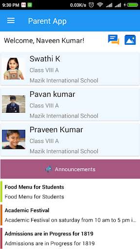 Run android online APK Saritha Vidyanikethan School - Parent App from MyAndroid or emulate Saritha Vidyanikethan School - Parent App using MyAndroid