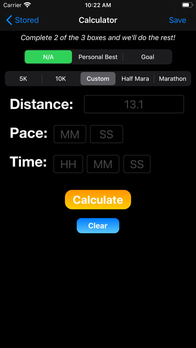 Emulate iPhone app Saving Pace - Pace Calculator using MyAndroid