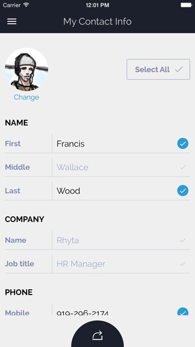 Emulate iPhone app Share My Contact Lite using MyAndroid