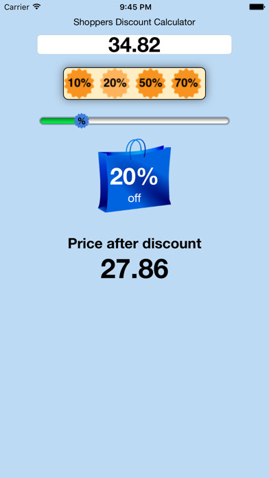 Emulate iPhone app Shoppers Percentage Discount Calculator using MyAndroid