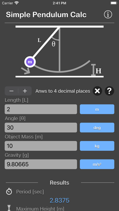 Emulate iPhone app Simple Pendulum Calculator using MyAndroid