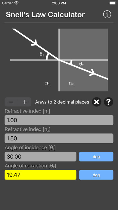 Emulate iPhone app Snell Law Calculator using MyAndroid