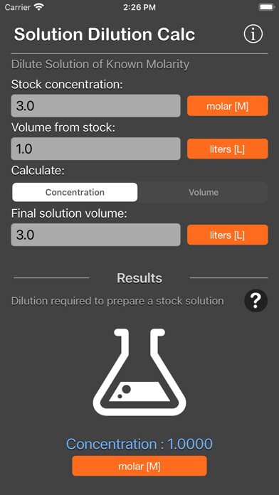 Emulate iPhone app Solution Dilution Calculator using MyAndroid