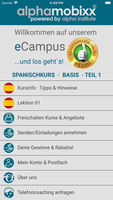 Emulate iPhone app Spanisch Basis 1 using MyAndroid