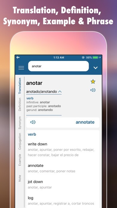 Emulate iPhone app Spanish Plus Dict & Translator using MyAndroid