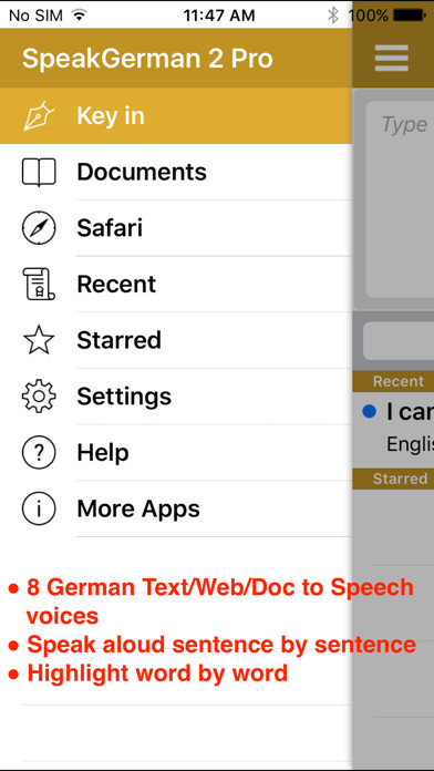 Emulate iPhone app SpeakGerman 2 FREE (8 German Text-to-Speech) using MyAndroid