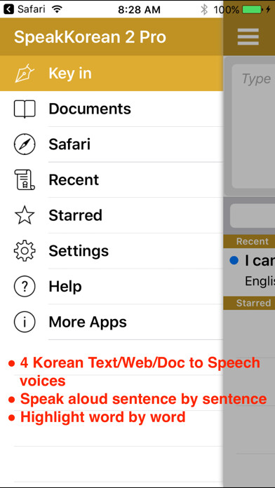 Emulate iPhone app SpeakKorean 2 FREE (4 Korean Text-to-Speech) using MyAndroid