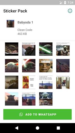 Run android online APK Stickers Baby-Yoda Memes WAStickerApps from MyAndroid or emulate Stickers Baby-Yoda Memes WAStickerApps using MyAndroid