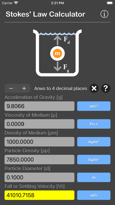 Emulate iPhone app Stokes Law Calculator using MyAndroid