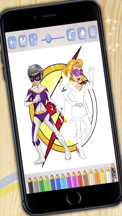 Emulate iPhone app Superheroes coloring book. Paint heroes and heroines who save the world using MyAndroid