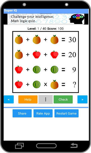 Run android online APK Super IQ 2 - Math logic quiz with fruit images from MyAndroid or emulate Super IQ 2 - Math logic quiz with fruit images using MyAndroid
