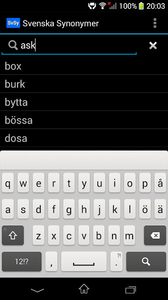 Emulate iPhone app Svenska Synonymer using MyAndroid