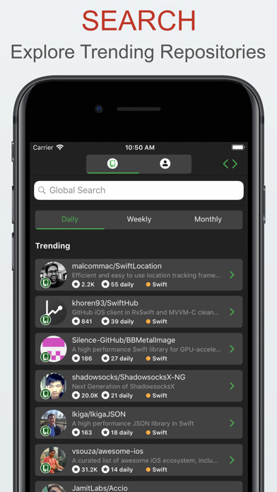 Emulate iPhone app SwiftHub - Git Client using MyAndroid