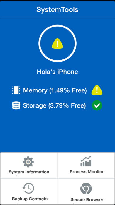 Emulate iPhone app SysTools Pro (System monitor, Backup contacts, Private Browser) using MyAndroid