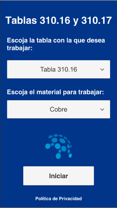 Emulate iPhone app Tablas de Ampacity using MyAndroid