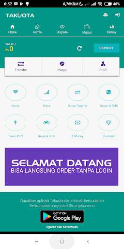 Run android online APK Takuota: Agen Kuota Indonesia from MyAndroid or emulate Takuota: Agen Kuota Indonesia using MyAndroid