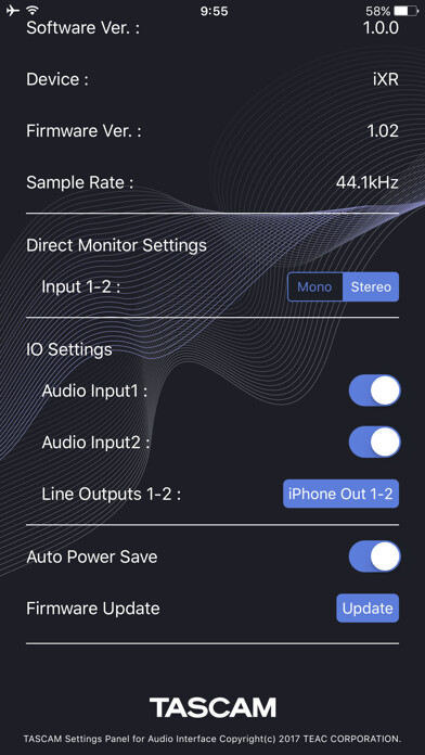 Emulate iPhone app TASCAM Settings Panel for Audio Interface using MyAndroid