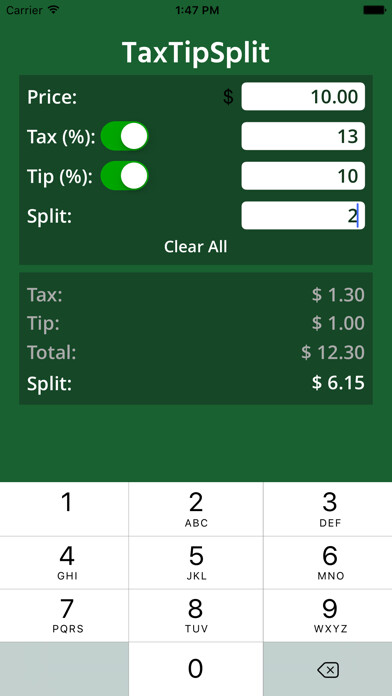 Emulate iPhone app TaxTipSplit - easy calculator for your tax, tip, and bill split using MyAndroid