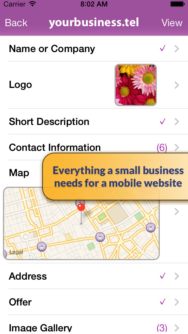 Emulate iPhone app Telnames Mobile Website Builder using MyAndroid