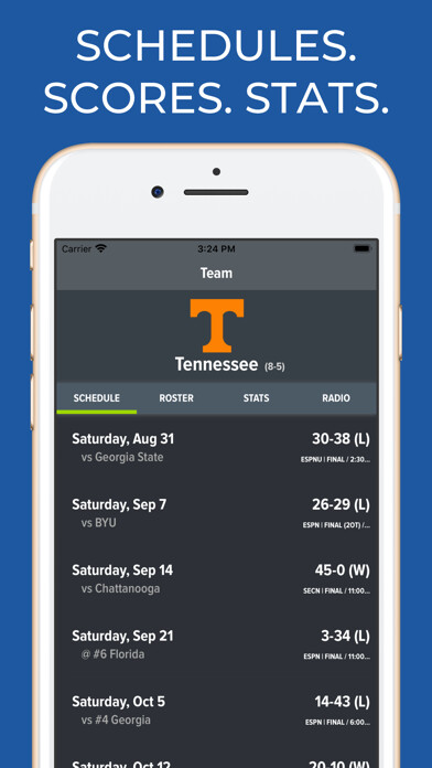 Emulate iPhone app Tennessee Football Schedules using MyAndroid