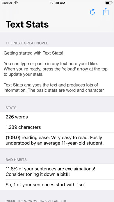 Emulate iPhone app Text Stats using MyAndroid