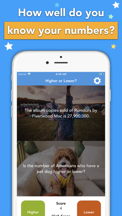Emulate iPhone app The Higher or Lower Quiz Game using MyAndroid